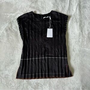 Helmut Lang Crinkle Satin Sheen Pleated Crewneck Beaded Embellished Top NWT S